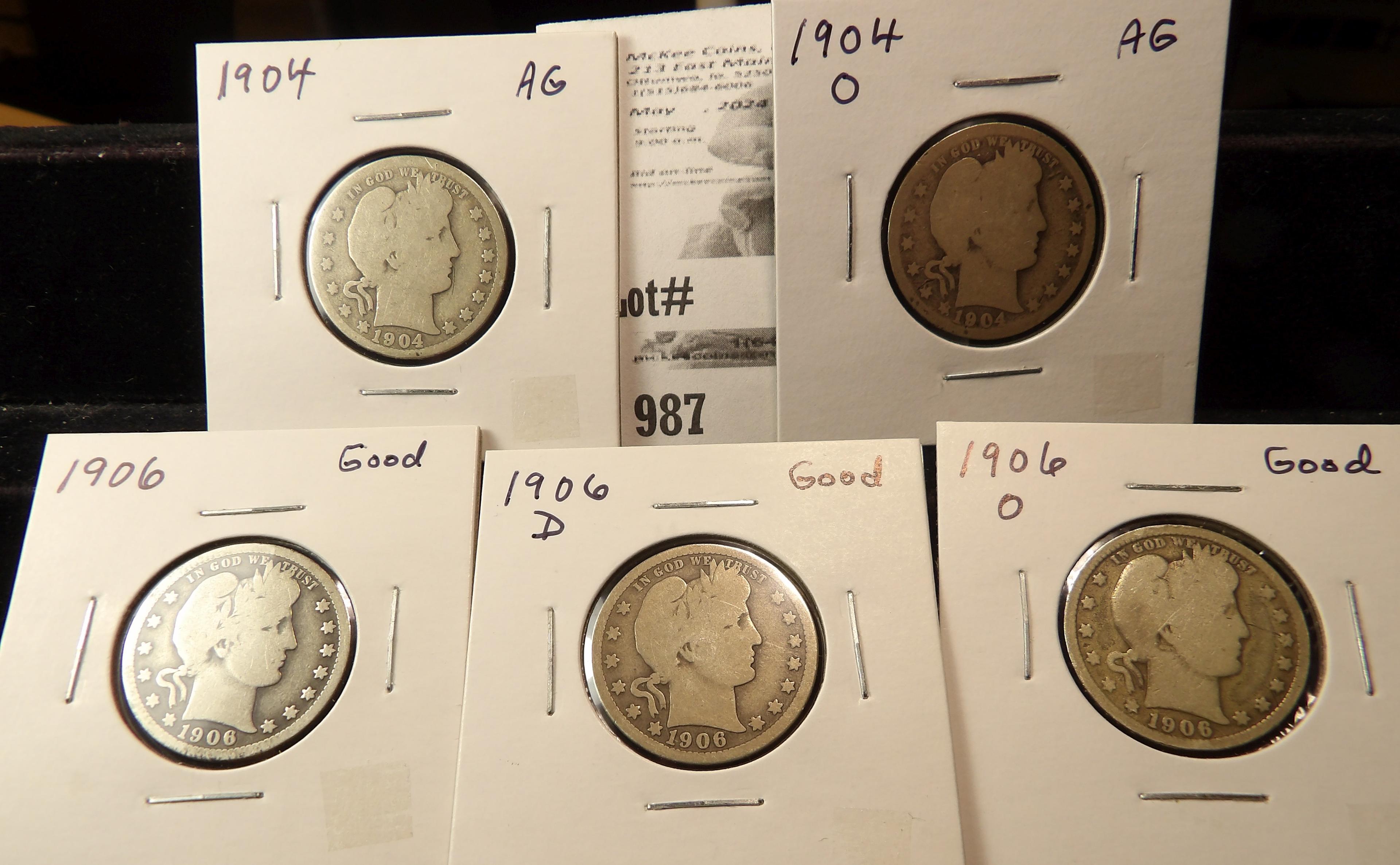 Barber Quarter Lot: 1904 P & O AG, 1906 P, D, & O Good.