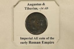 14 A.D. AUGUSTUS & TIBERIUS ANCIENT COIN