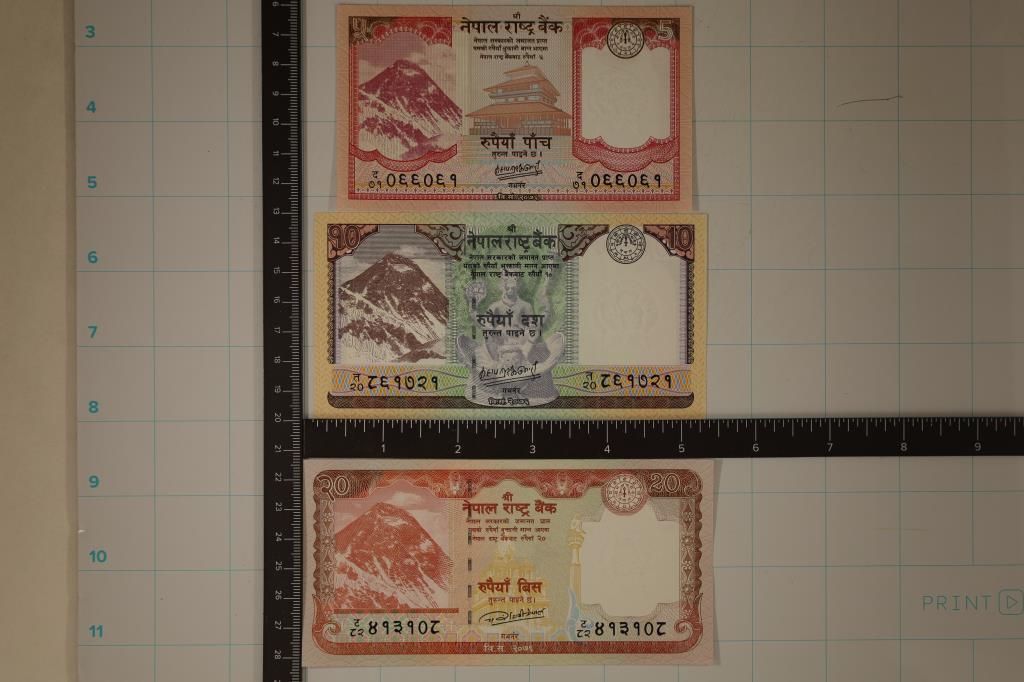 3-2020 NEPAIL CRISP UNC, COLORIZED BILLS: 5 RUPEES