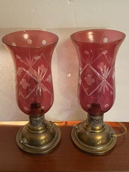 PAIR OF RED CUT TO CLEAR TABLE LAMPS