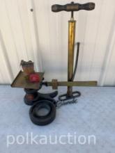 VINTAGE AIR HAND PUMP, CHEVY BADGE, SCALE, ETC