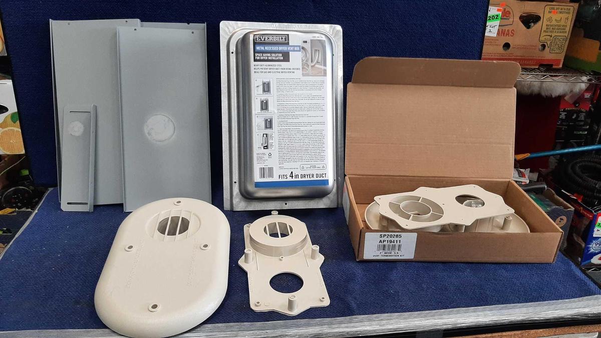 Box Lot of Tankless Water Heater Items & Metal Recessed Dryer Vent Box