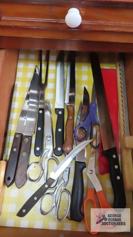 Assorted kitchen knives, scissors and other utensils