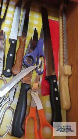 Assorted kitchen knives, scissors and other utensils