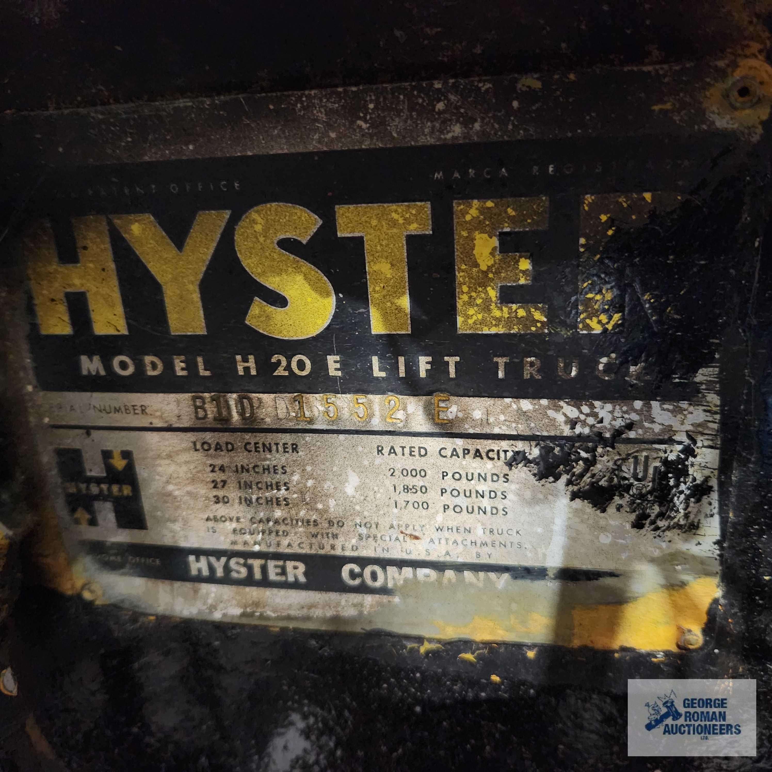 Hyster model 20E three wheel propane forklift. Serial number B1D1552E. 2,000 lb rated capacity. Unit