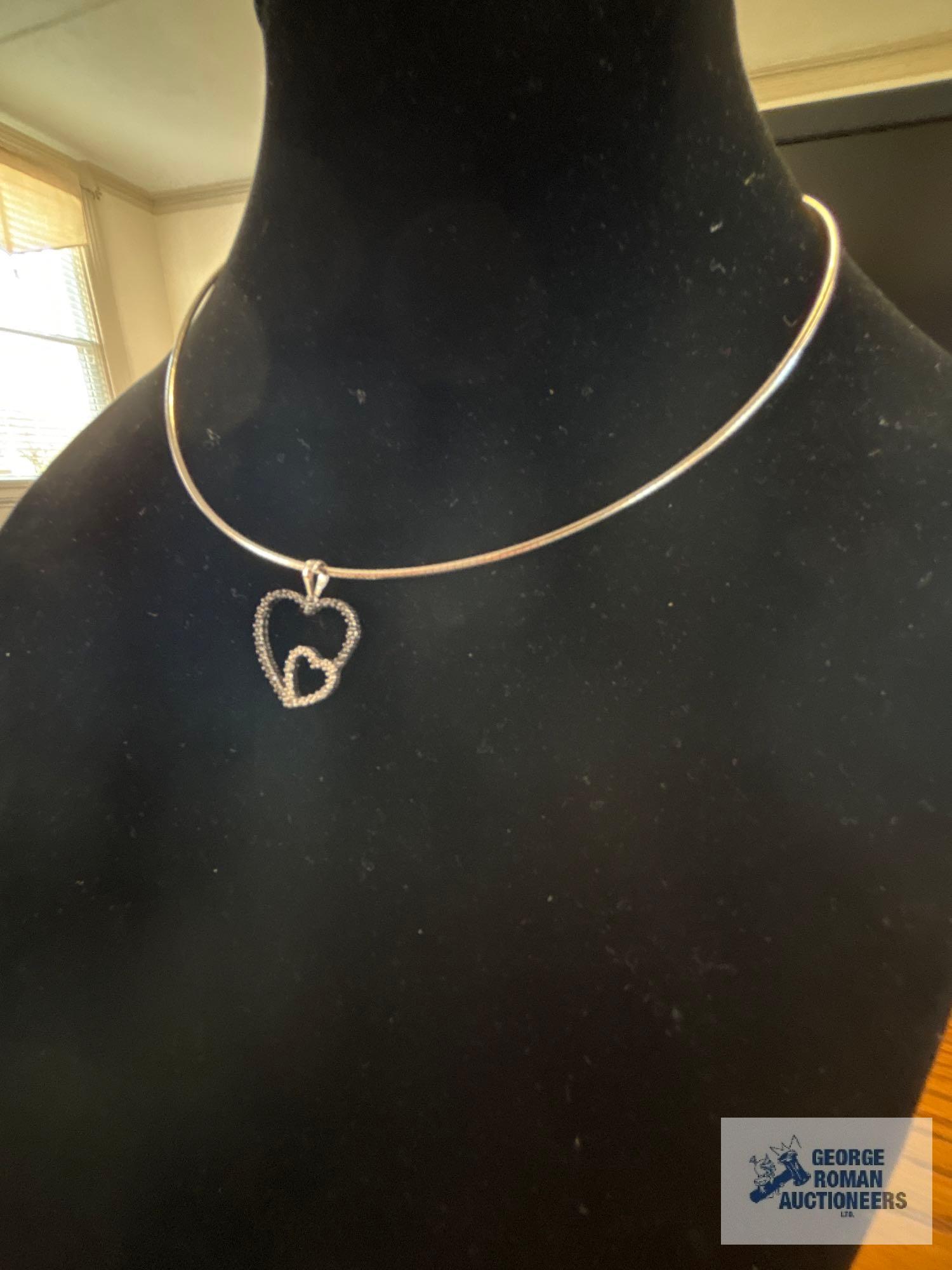 Clear and black stone double heart pendant, marked 925, on silver colored chain, marked 925 Italy,