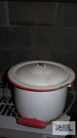 vintage enamelware chamber pot with lid and wood handle