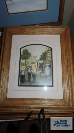 Amish prints, most in oak frames