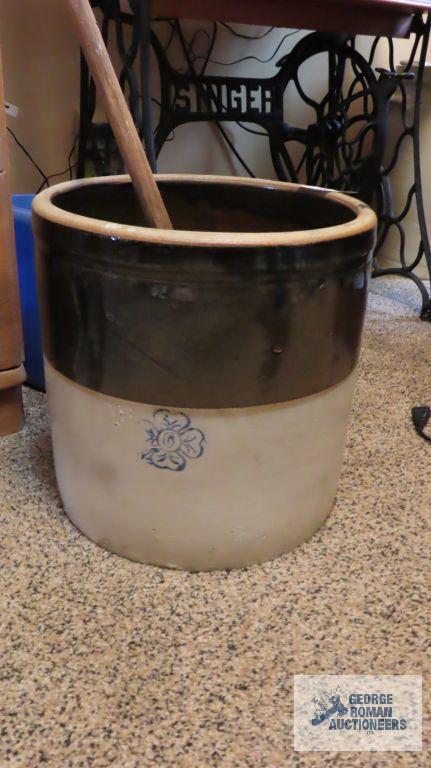 Floral 6 gallon crock with miscellaneous wooden pieces