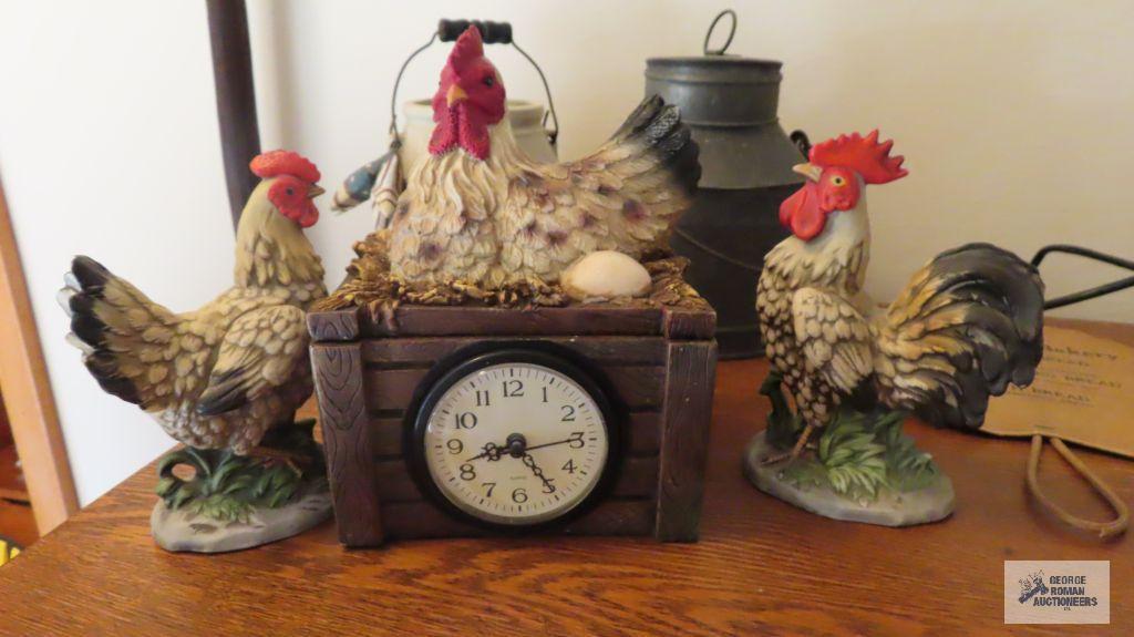 Chicken nest clock and two rooster figurines