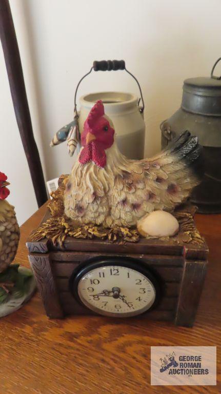 Chicken nest clock and two rooster figurines