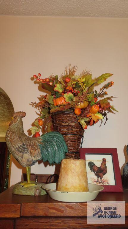 Wood carved rooster, chicken wall hanging, fall decorative basket, and candle