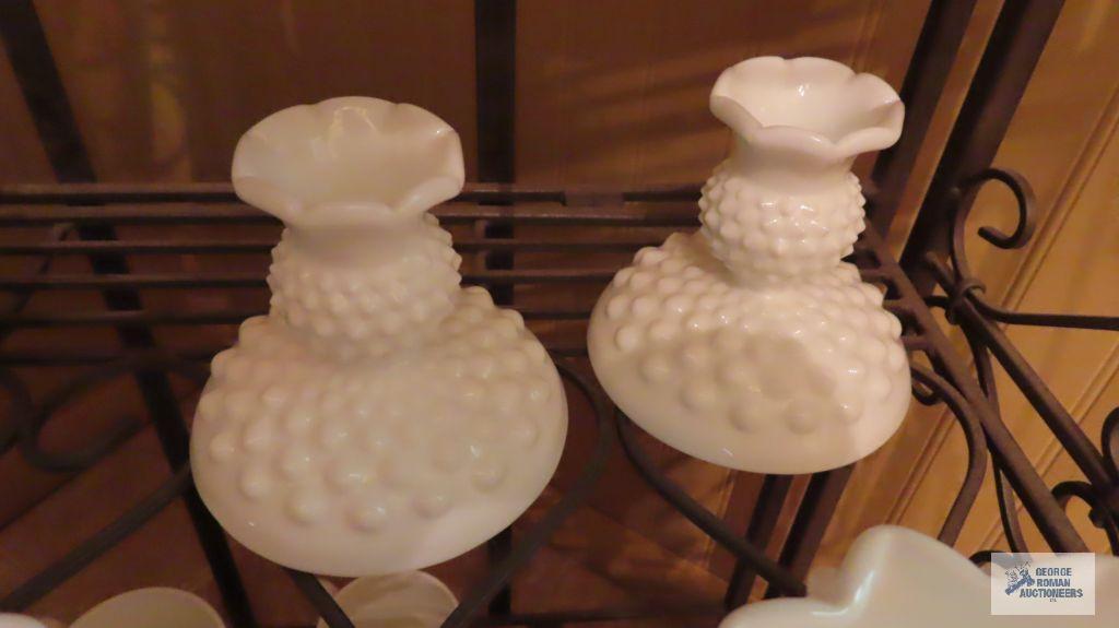 Milk glass two tiered cookie tray, creamer and sugar, and candle holders