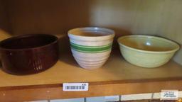 Oven serve bowl, pottery style green striped bowl, and brown ware bowl