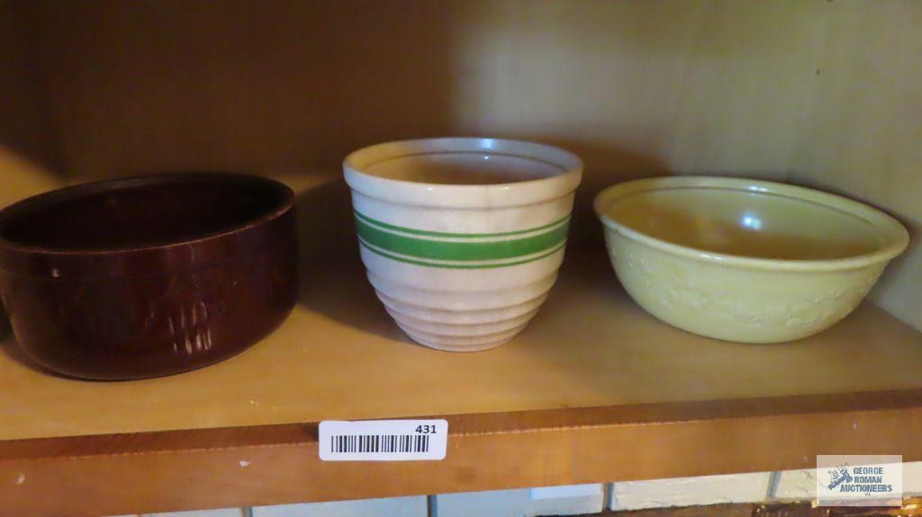 Oven serve bowl, pottery style green striped bowl, and brown ware bowl