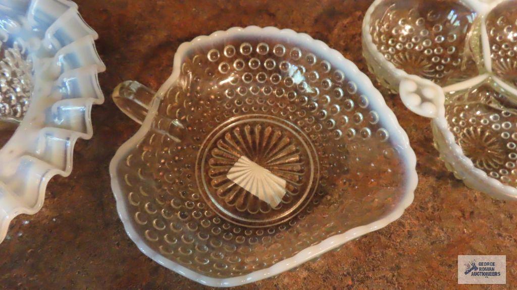 Hobnail frosted edged divided dishes, handle dishes, and basket