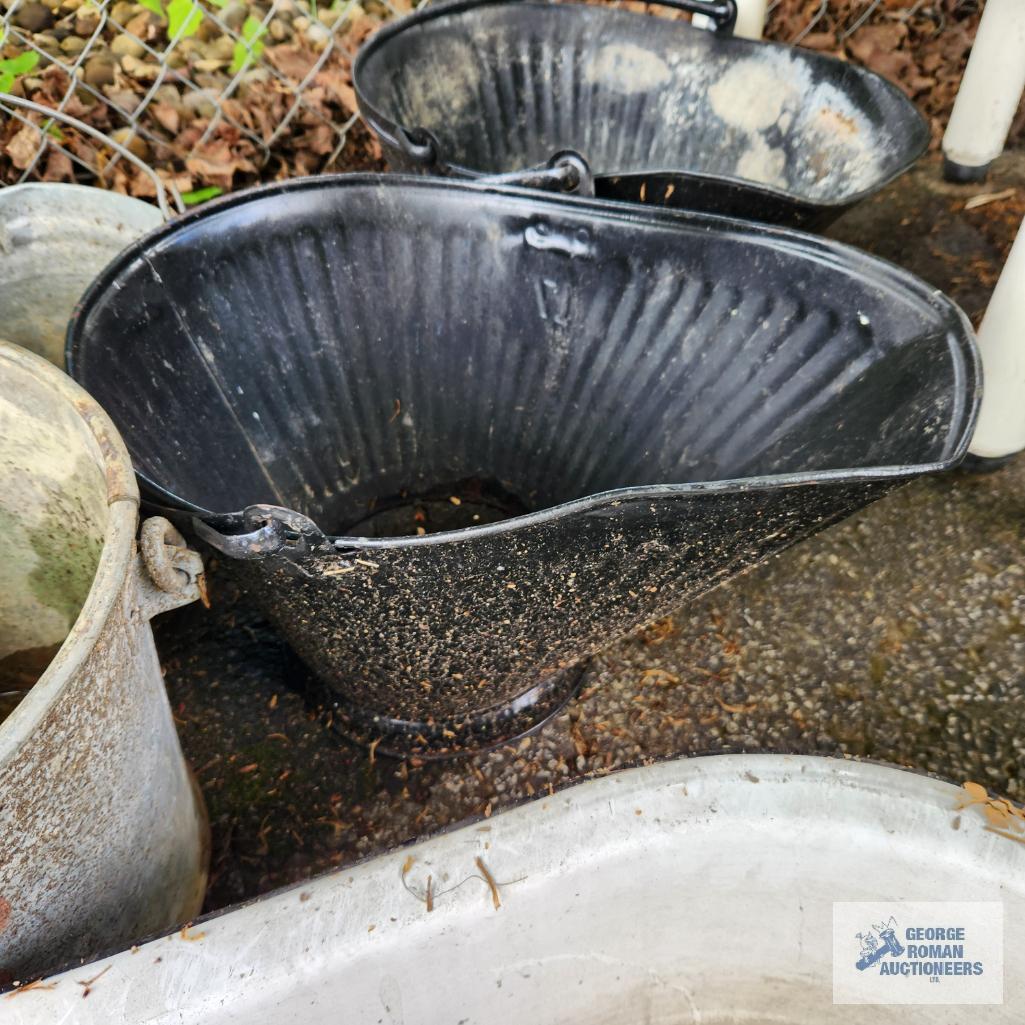 Lot of metal buckets, coal...buckets and enamelware wash tub