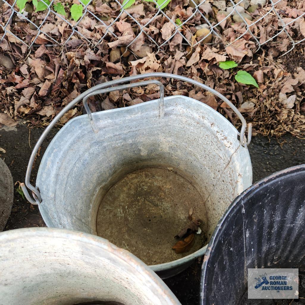 Lot of metal buckets, coal...buckets and enamelware wash tub