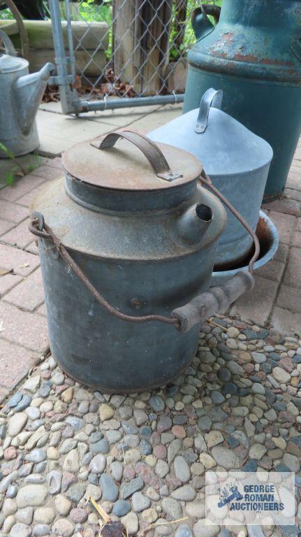 Chicken feeder, milk can and antique oil can