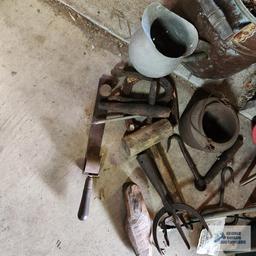 Lot of antique tools, cast iron smelting pot, wooden shoe form and etc