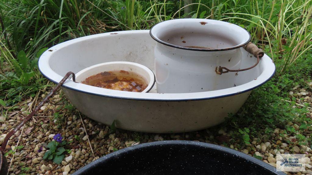 Lot of enamelware pots and metal ladle