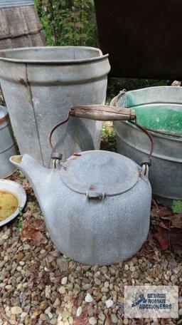 Hammered aluminum kettle, chicken feeder parts, and metal buckets