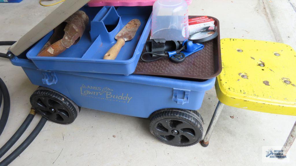 Lawn buddy with contents. Yellow stool. Gilmore hand duster for plants.