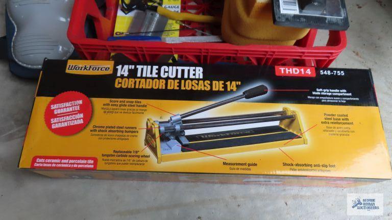 14 inch tile cutter, sponges, knee guards and etc