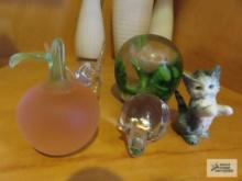 Knickknacks, including cat figurine, glass animals,...fruit,...flowers