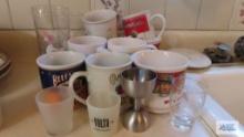 Assorted mugs, glasses and shot glasses