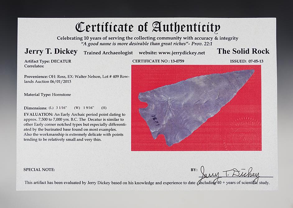 Fine 3 1/16" Decatur Fracture-Base found in Ross Co., Ohio. Steeply beveled. Dickey COA.