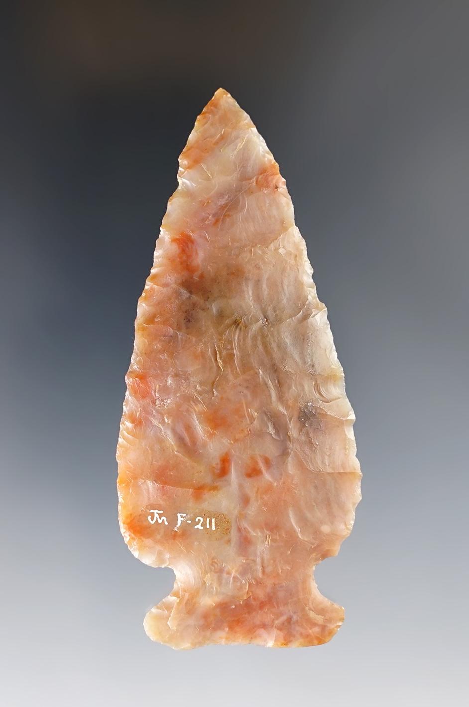 3 3/8" Archaic Sidenotch - attractive pink Flint Ridge Flint - Clark Co., Ohio. Ex. Masik.