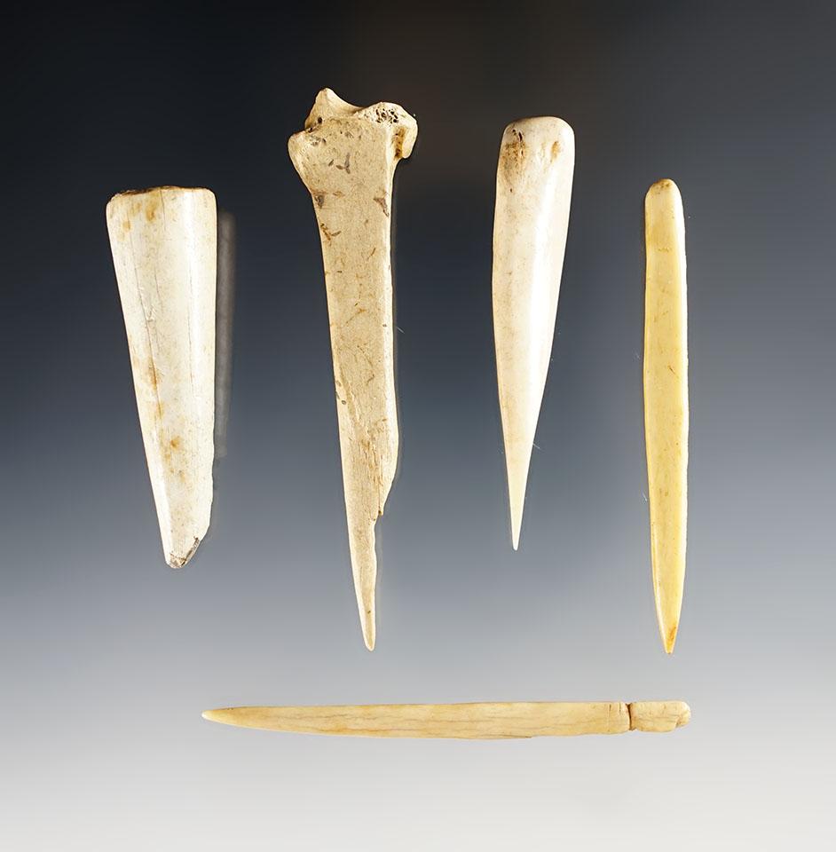 Set of 5 Bone Awls & Tools - Glovers Cave, Christian Co., Kentucky. Ex. Raymond Vietzen.