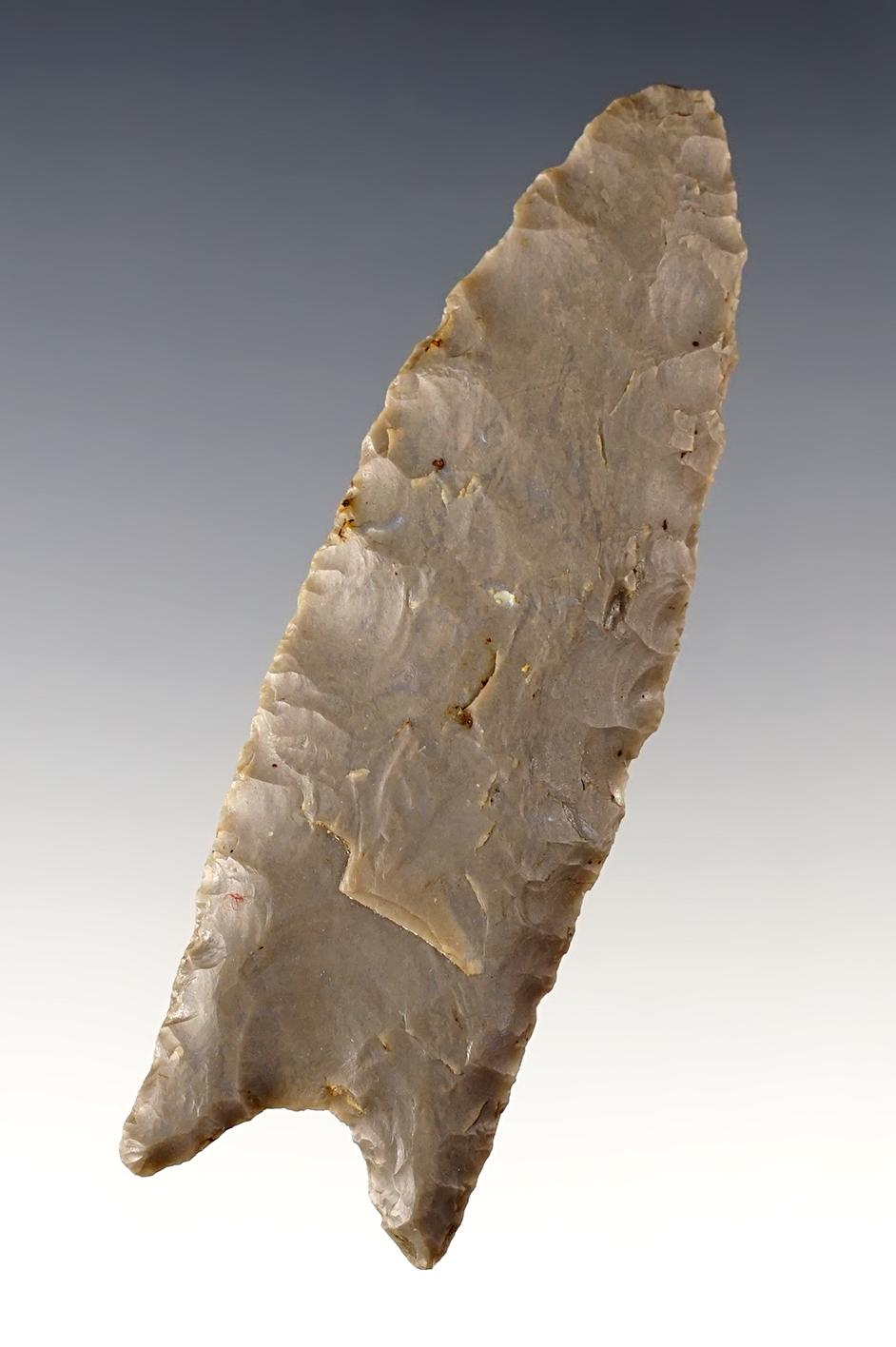 Classic 3 3/8" Paleo Fluted Clovis that is very well made. Found in Whitley Co., Indiana.