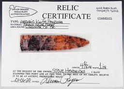 Heavily patinated Archaic period Pandora knife found in Wagoner Co. Oklahoma. Rogers COA.