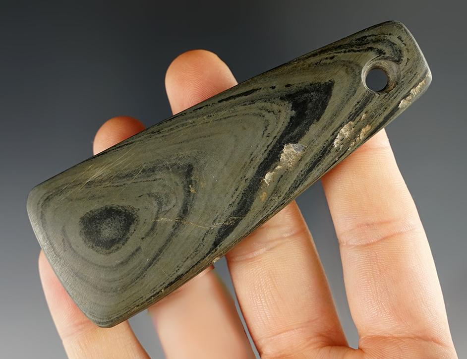 3 5/8" Trapezoidal Pendant made from highly banded slate found in Jackson Co., Ohio.