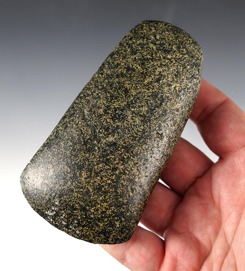 4 1/2" Long Flared Bit Creased Celt that is well made from Hardstone with a nicely polished bit.