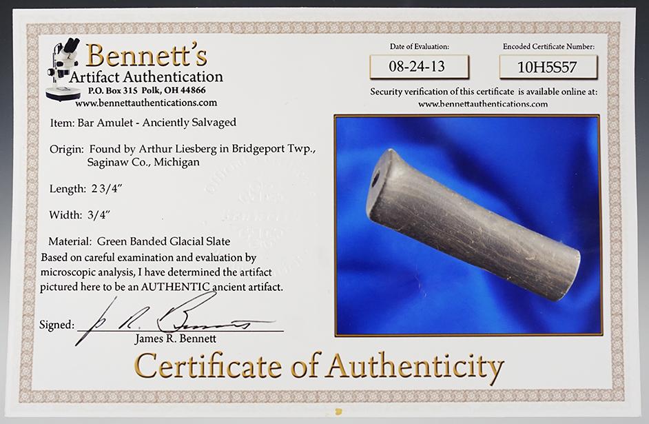 Anciently salvaged 2 3/4" long Bar Amulet found by Arthur Liesberg - Michigan. Bennett COA.