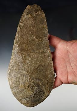 Large 9" Flint Spade found in Pulaski Co., Indiana. Excellent use polish to the bit area.