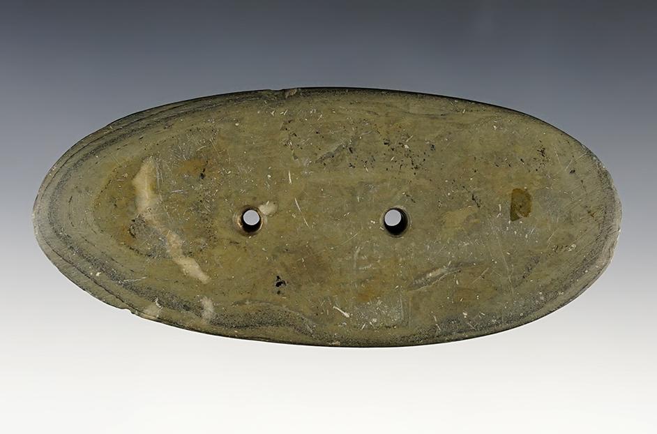 4 3/4" Expanded Center Gorget made from green Banded Slate. Found in Illinois. Dickey COA.