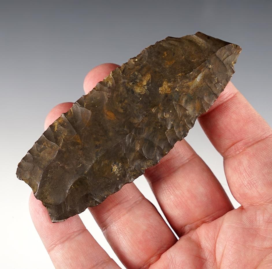 Interesting Paleo Artifact! 3 3/4" Fluted paleo Clovis made from patinated Coshocton Flint.