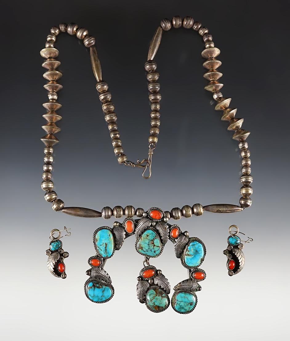 Vintage Squash Blossom Necklace and Earring Set with beautiful turquoise and red stone.
