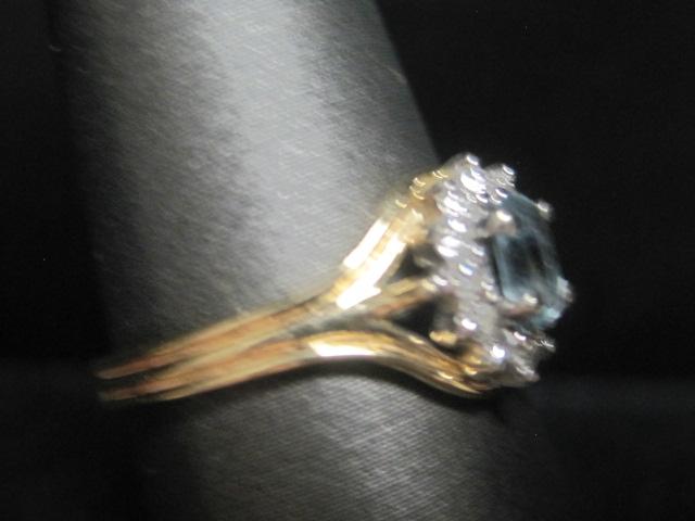 14k Gold Aquamarine and Diamond Ring- Size 6 1/4