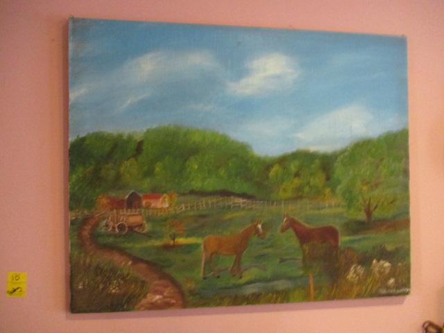 Original Mildred Waldran Signed Horse Pastural Landscape Canvas