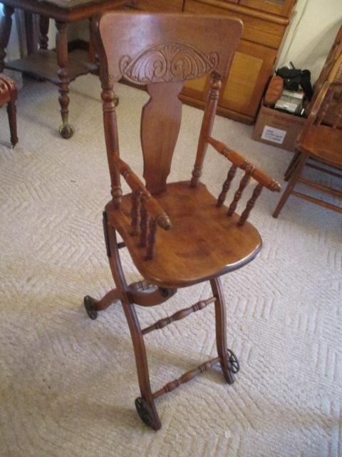 Antique Child's Convertible High Chair Stroller with Iron Wheels