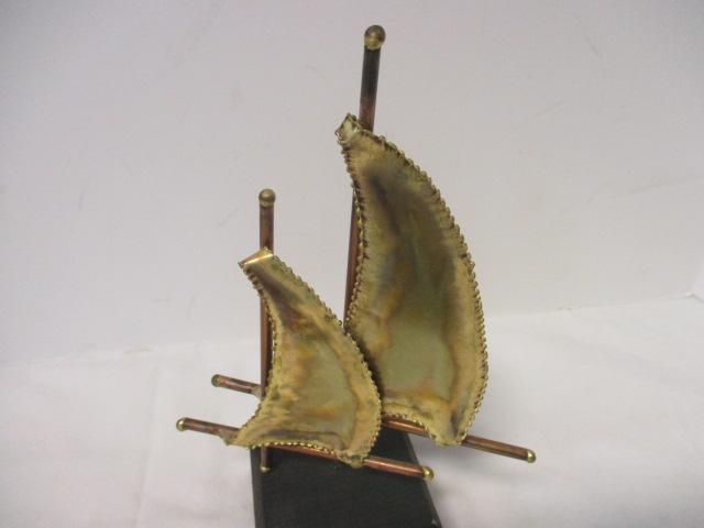 Sculpted Brass and Copper Sailboat with Wood Base