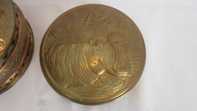 Two Round Brass Relief Design Boxes