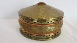 Two Round Brass Relief Design Boxes