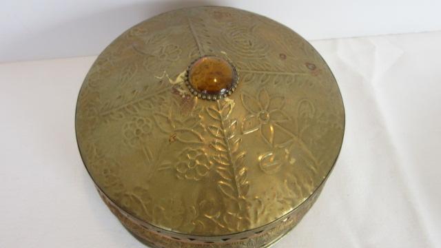 Two Round Brass Relief Design Boxes