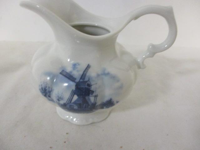 Delft Blauw Handpainted Plate, Creamer and Sugar Bowl with Windmill Motif